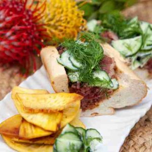 Pastrami-sandwich-with-quick-buttermilk-pickles-mustard-fresh-dill-Chef-Noel-Cleary-Recipe