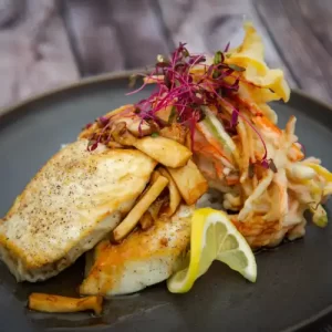 Step-by-step recipe dish of Pan-Seared Ono with Kauai Shrimp Ukoy by Chef Will Marquez