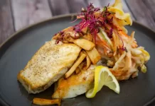 Pan Seared Ono with Kauai Shrimp Ukoy by Chef Will Marquez Pan-seared ono fillet served with crispy Kauai shrimp ukoy by Chef Will Marquez