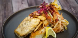 Pan Seared Ono with Kauai Shrimp Ukoy by Chef Will Marquez Pan-seared ono fillet served with crispy Kauai shrimp ukoy by Chef Will Marquez