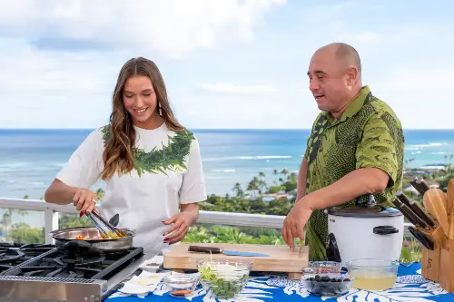 Pua DeSoto cooking Gandule Rice in the Cooking Hawaiian Style kitchen