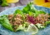 Turkey Lettuce Wrap by Anuhea Jenkins Turkey lettuce wraps made with ground turkey, hoisin sauce, Maui onion, and butter lettuce.