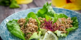 Turkey Lettuce Wrap by Anuhea Jenkins Turkey lettuce wraps made with ground turkey, hoisin sauce, Maui onion, and butter lettuce.