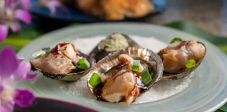 ʻOpihi on the Shell with Lomi ʻŌʻio by Brad Mira Recipe card photo of opihi on the shell garnished with green onions and unagi sauce
