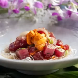 Step-by-step preparation of Hawaiian Ahi Uni Ikura and Truffle Poke recipe by Kale's Hale